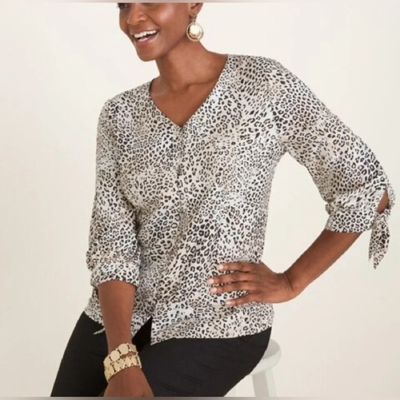 Chicos Petite Animal-Print Tie-Sleeve Button Top Size 1 US Med 8/10 Cheetah - Picture 3 of 9